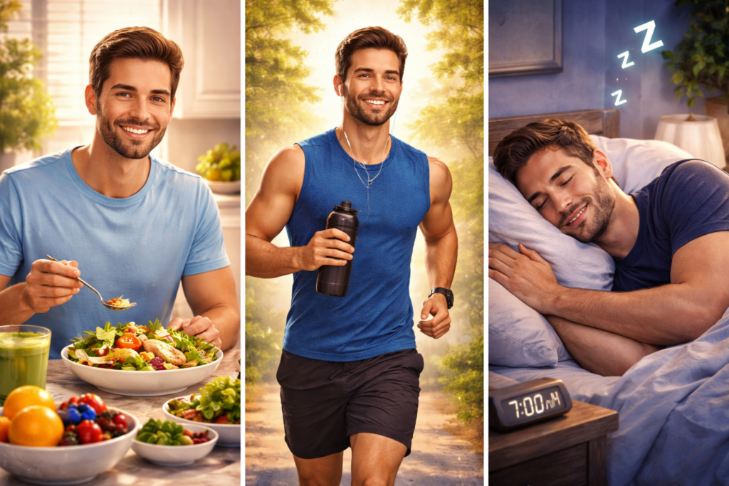 A men excersing, eating good food and having deep sleep to improve Mental health