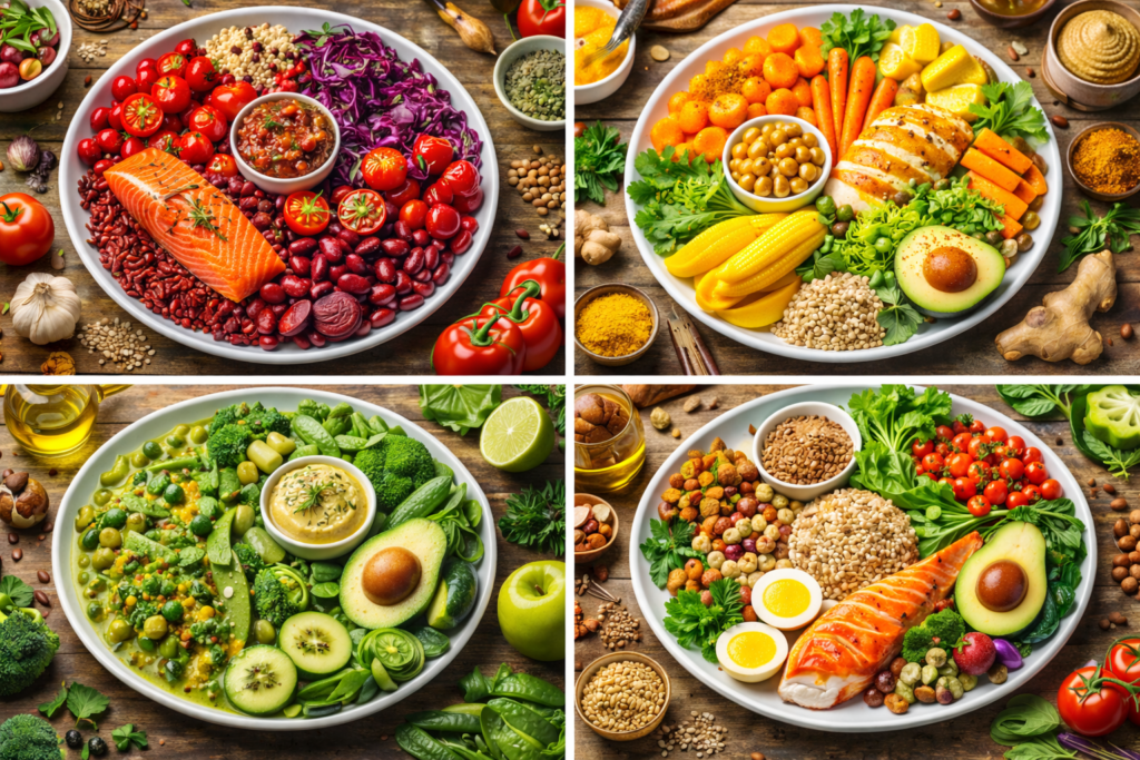 Foods of different colours in plates. How to choose healthy food for your health
