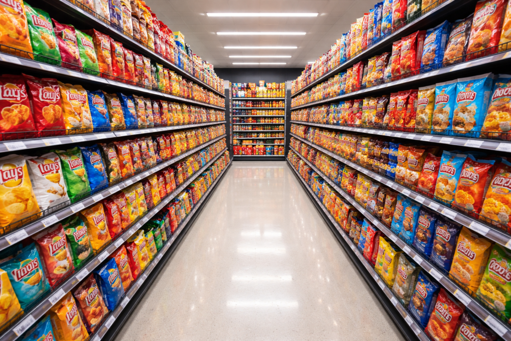 A imaged showing packed snaks in the grocery store affecting gut health