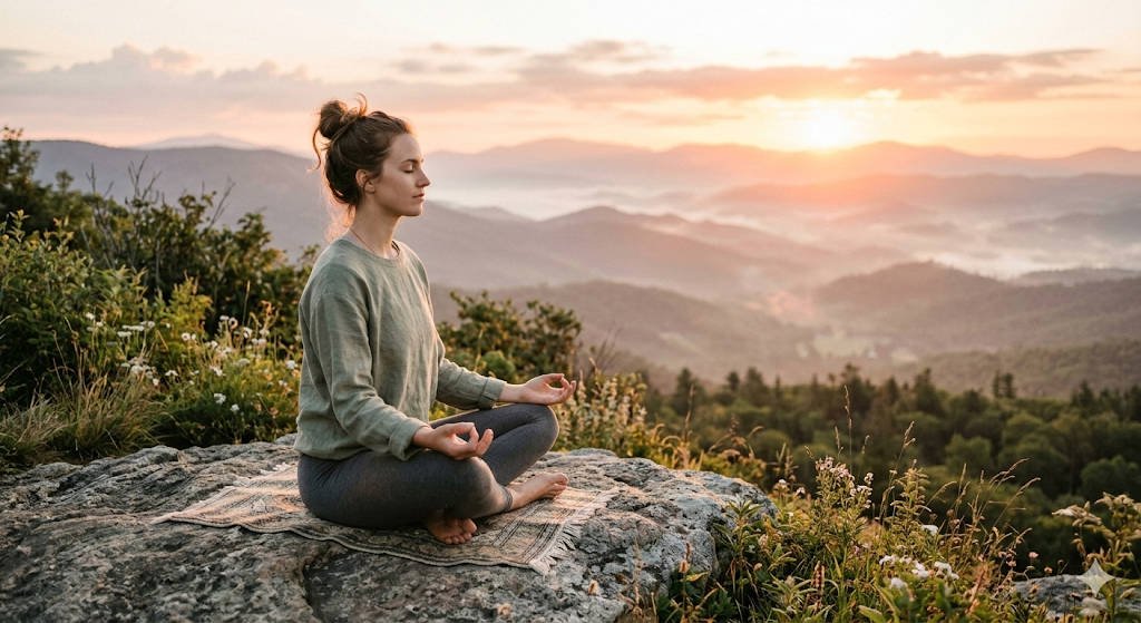 A woman meditates on a rock overlooking misty mountains at sunrise, representing the idea that mental health is wealth.