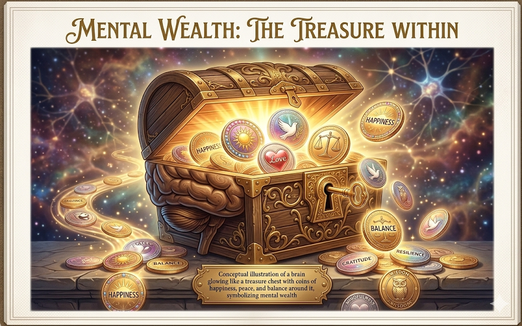 A glowing treasure chest made of a brain spilling coins labeled with virtues like "HAPPINESS" and "BALANCE" into a cosmic neural network.