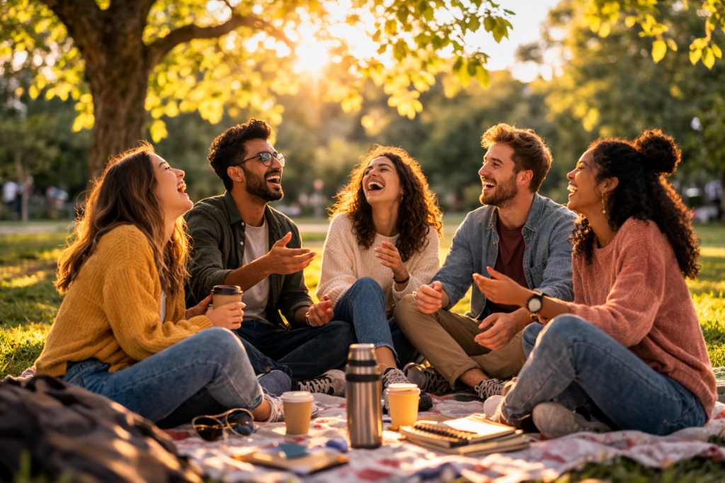 Group of happy friends sitting together in a park laughing and talking, representing friendship, emotional connection, and the message that mental health is wealth.