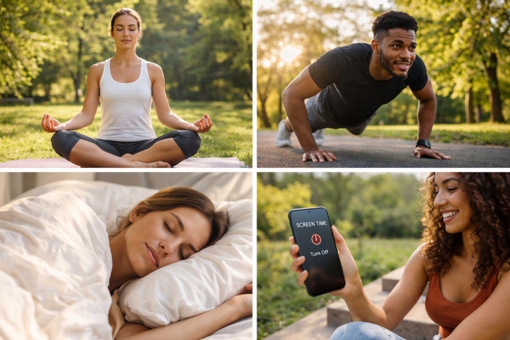 Healthy lifestyle collage showing meditation, exercise, restful sleep, and digital detox habits highlighting the idea that mental health is wealth and daily wellness routines support emotional wellbeing.