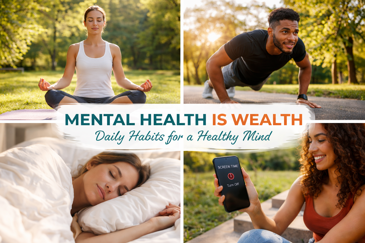 Featured image collage showing meditation, exercise, quality sleep, and digital detox representing daily habits that prove mental health is wealth and support overall wellbeing.