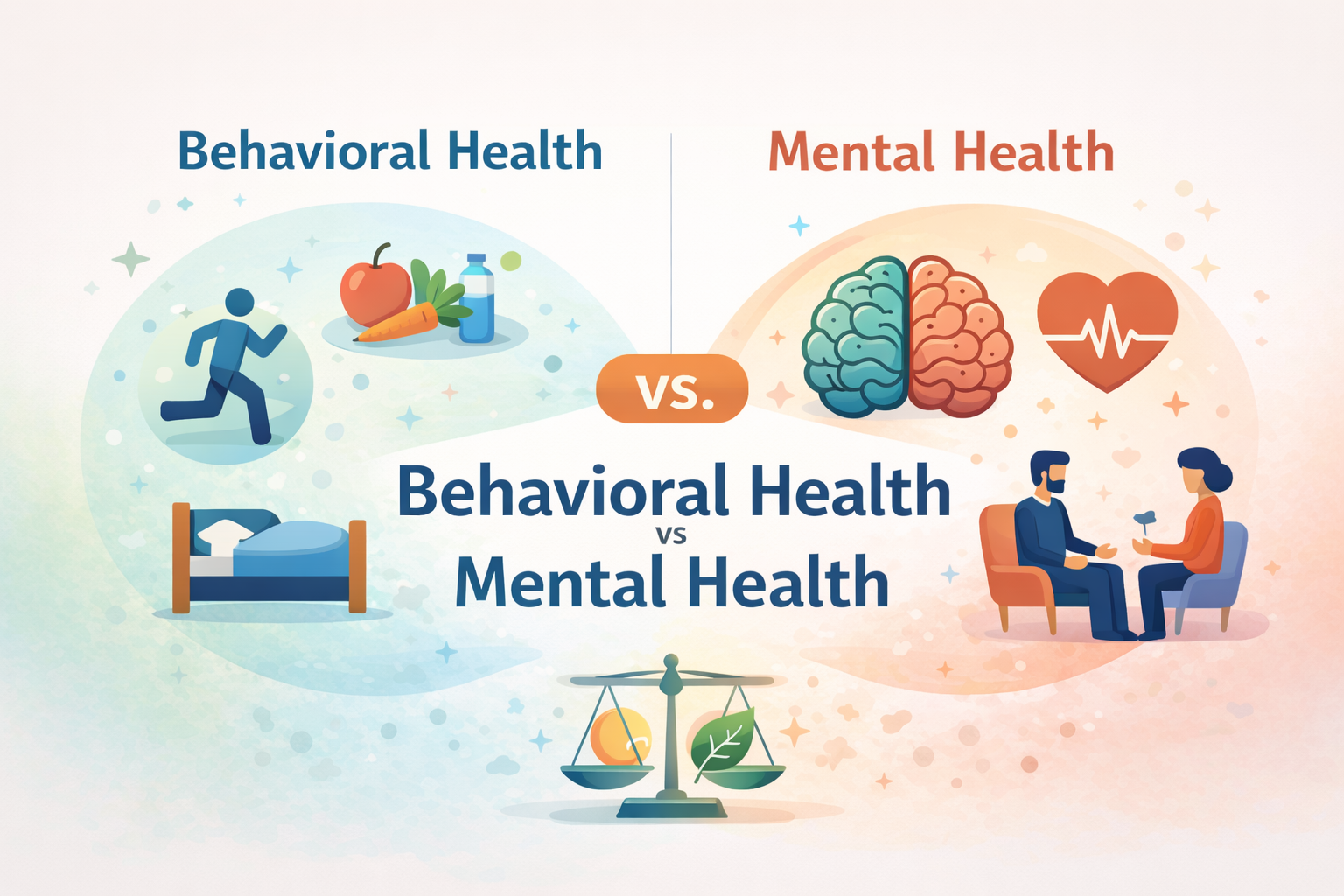 An infographic illustrating the differences between behavioral health and mental health, with icons representing therapy, emotions, exercise, and lifestyle choices in a modern flat design style.