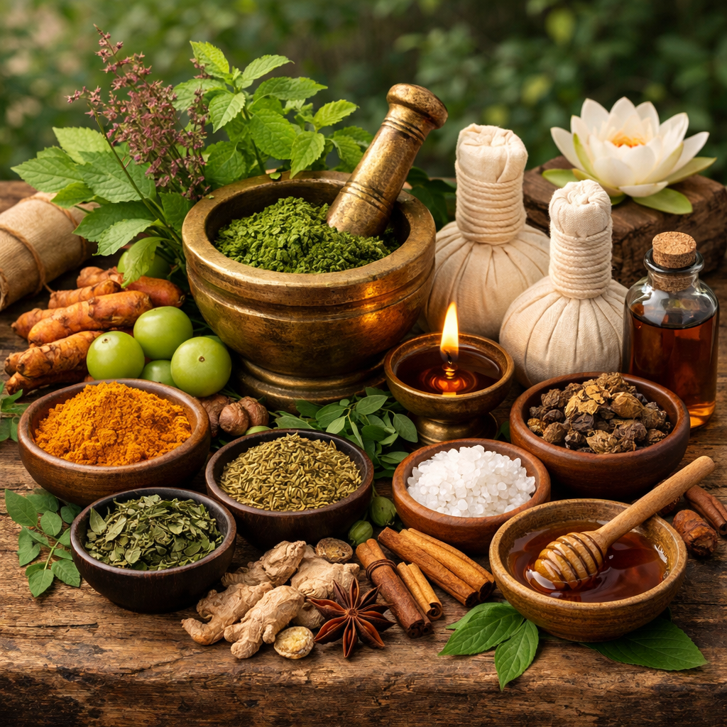 Ayurvedic herbs and natural remedies arranged on a wooden surface with a glowing oil lamp.