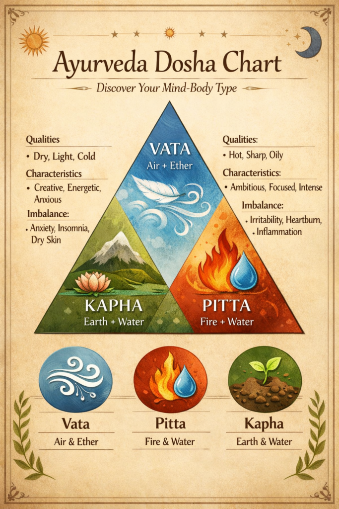 Ayurveda Dosha Chart showing Vata (Air & Ether), Pitta (Fire & Water), and Kapha (Earth & Water) with their qualities, characteristics, and imbalances, illustrated with simple icons on a parchment background.