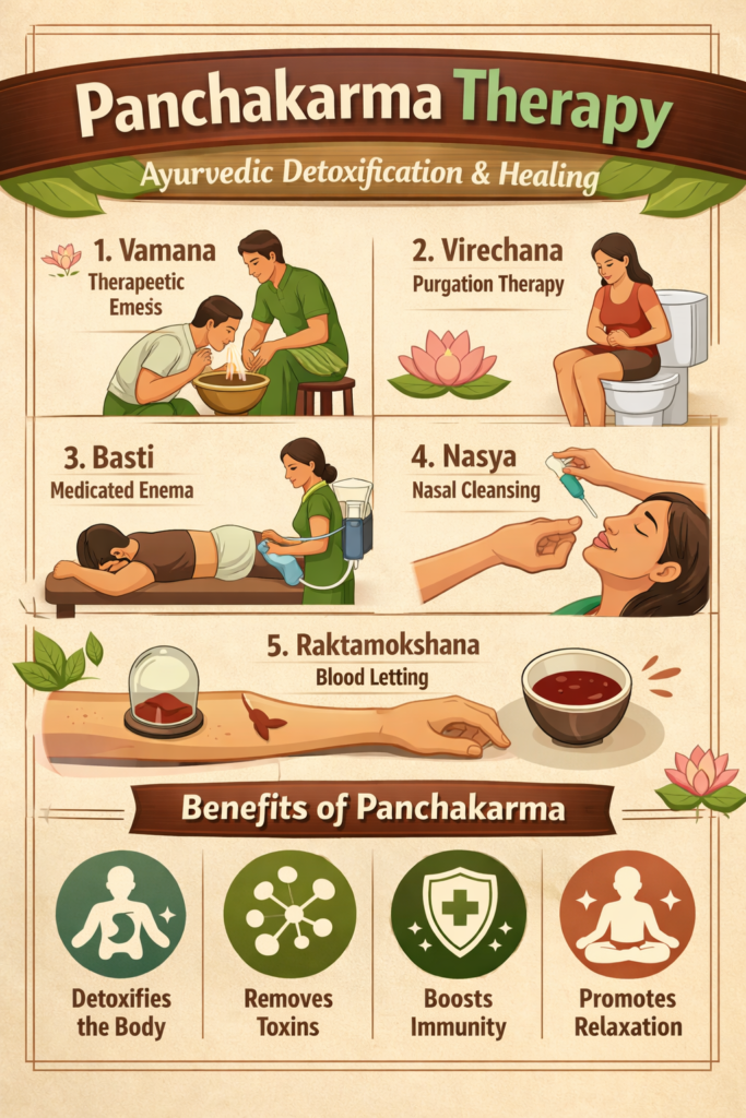 Infographic showing five Panchakarma therapies—Vamana, Virechana, Basti, Nasya, and Raktamokshana—with their benefits like detoxification, immunity boost, and relaxation.