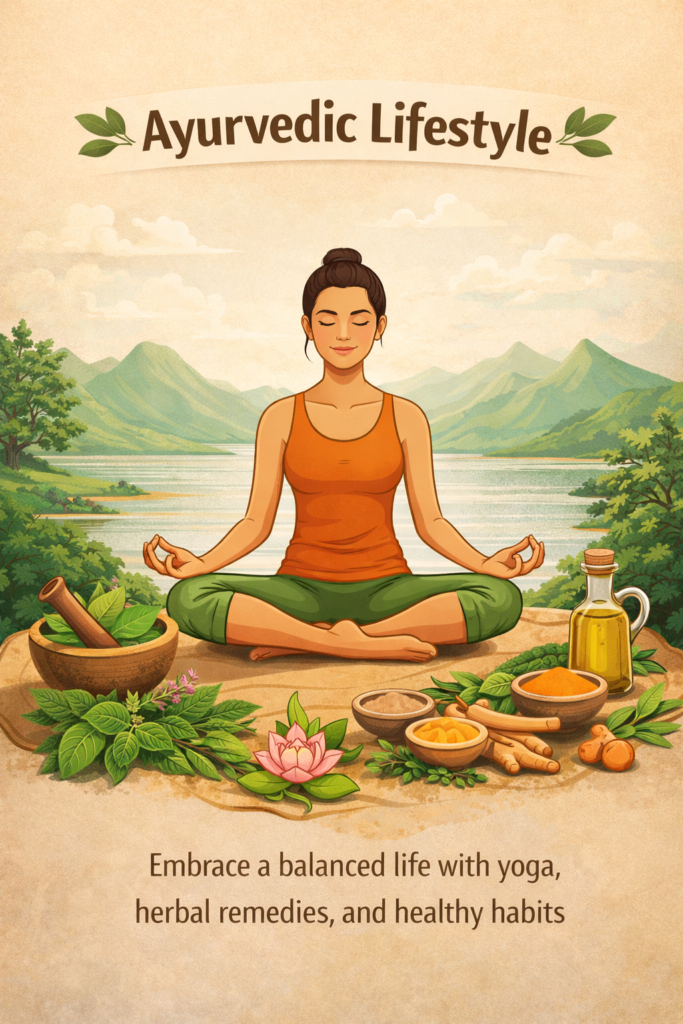Illustration of a woman practicing yoga outdoors surrounded by Ayurvedic herbs, oils, and natural elements symbolizing holistic wellness.