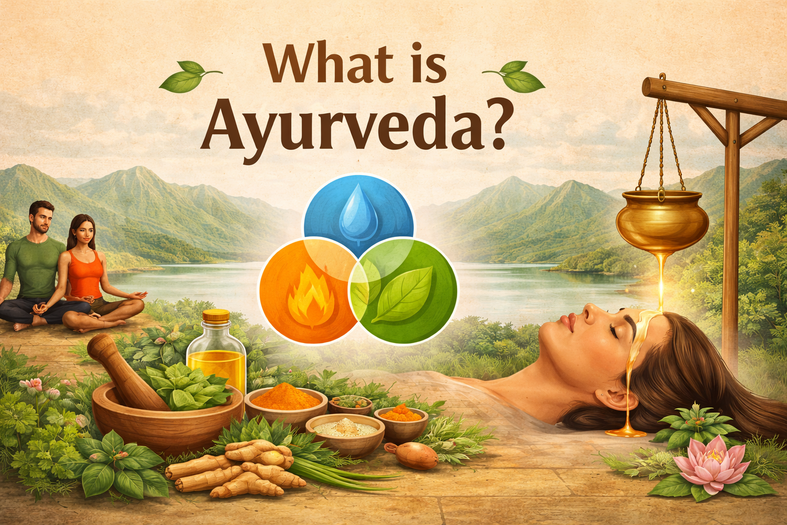Wide illustration of Ayurvedic concepts showing herbs, oils, meditation, and Shirodhara therapy with natural landscape background.