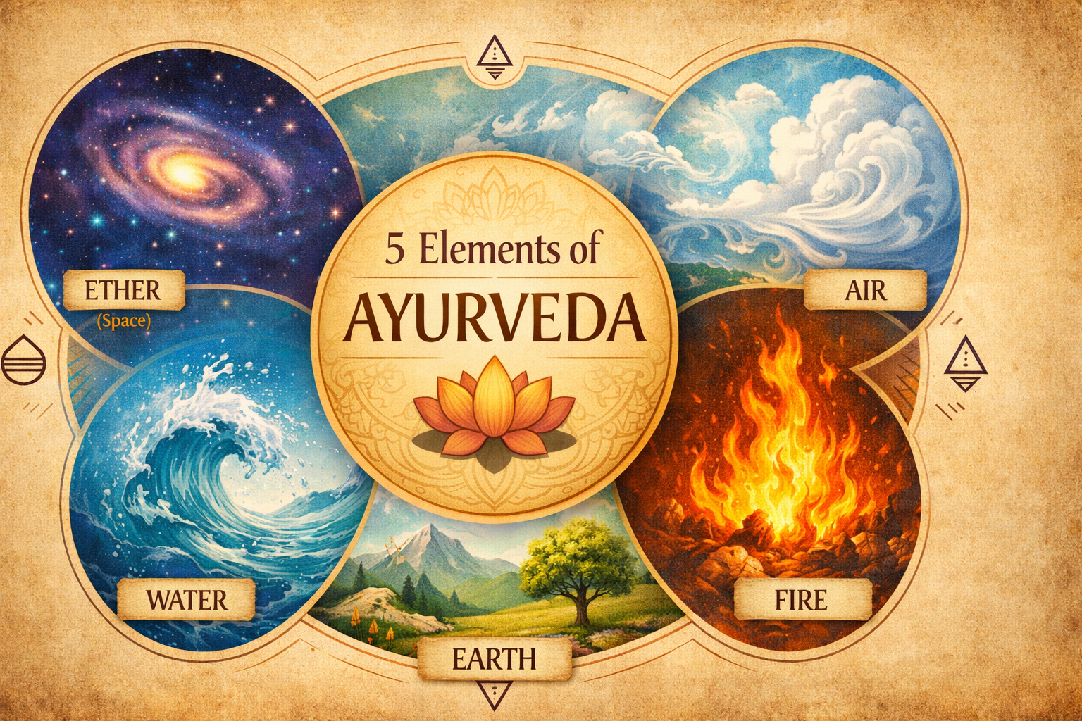 Illustration of the 5 Elements of Ayurveda: Ether, Air, Fire, Water, and Earth, with corresponding symbols and imagery.