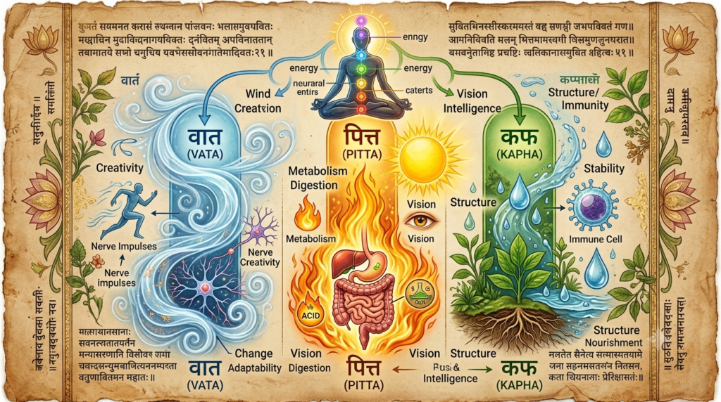 Tridosha in Ayurveda showing Vata, Pitta, and Kapha energies governing health and body balance
