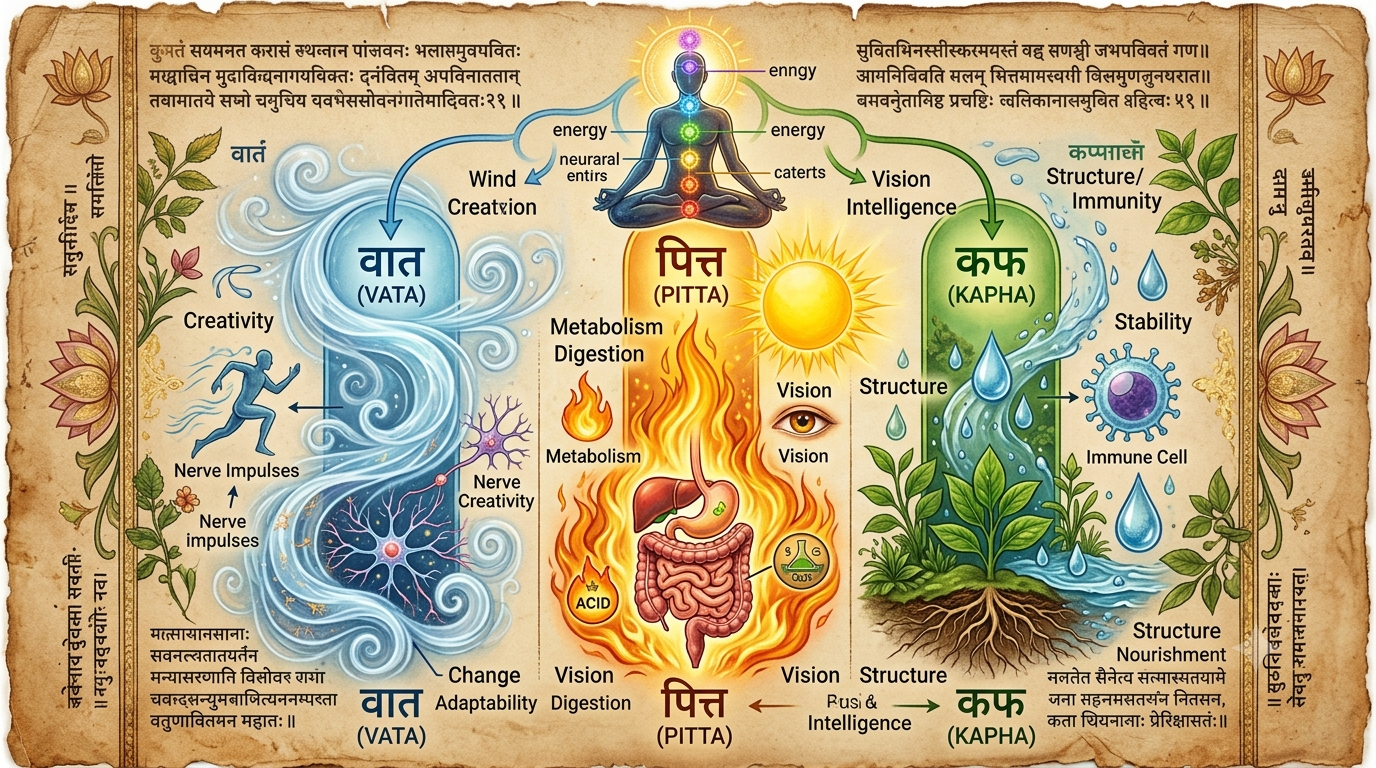 Tridosha in Ayurveda showing Vata, Pitta, and Kapha energies governing health and body balance