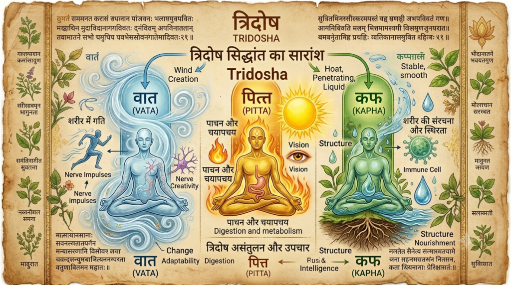 Ancient Ayurvedic concept illustrating the meaning of Tridosha