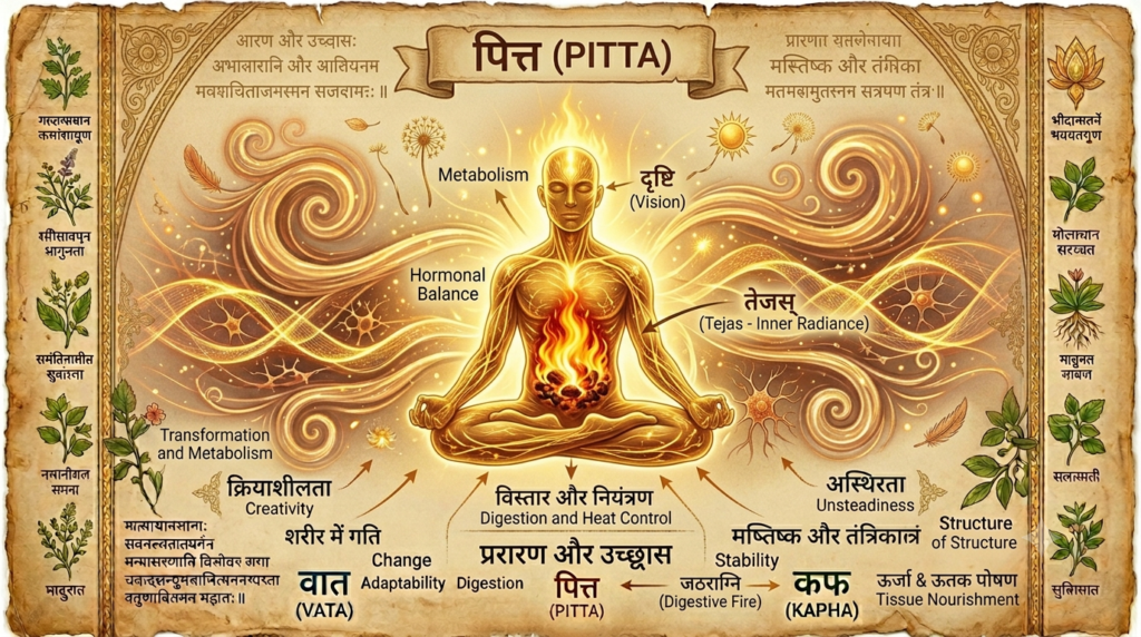 Pitta dosha controlling digestion, metabolism, and body temperature