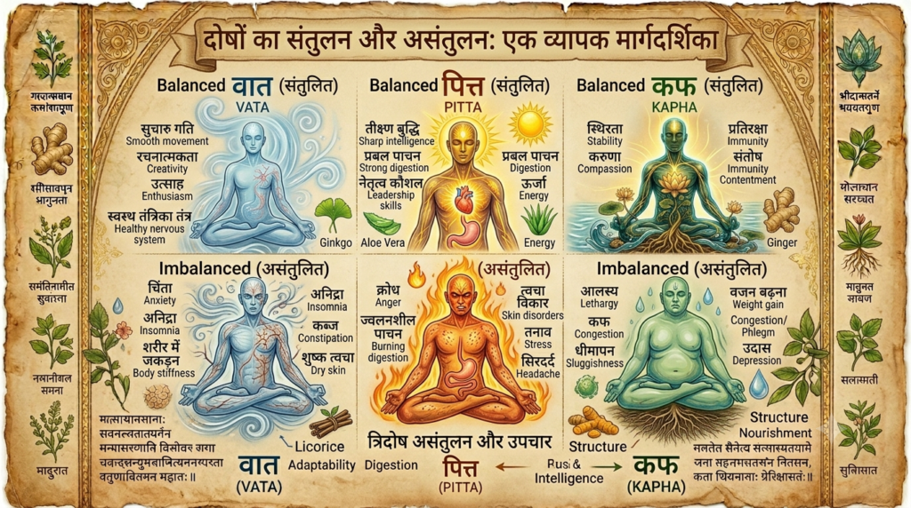 Symptoms caused by imbalance of Vata, Pitta, and Kapha doshas
