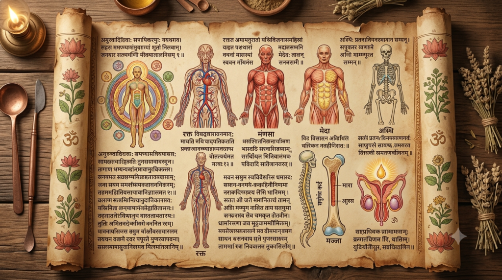 .lowchart showing the sequential formation of the seven dhatus from digested food..
