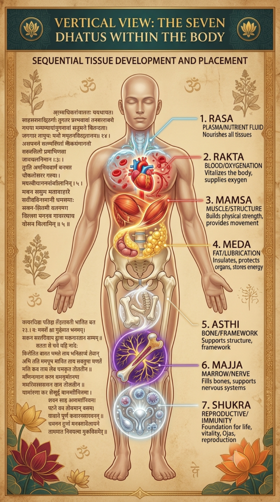 Seven dhatus arranged in order inside the human body according to Ayurveda.