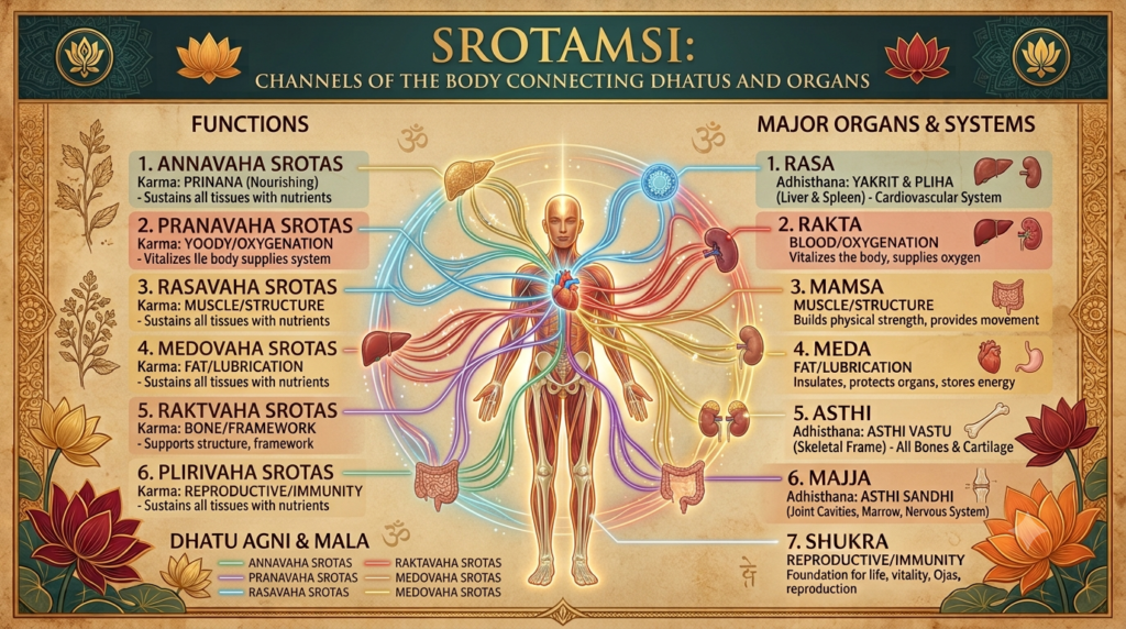 Connection between Srotas and Sapta Dhatus in Ayurveda.