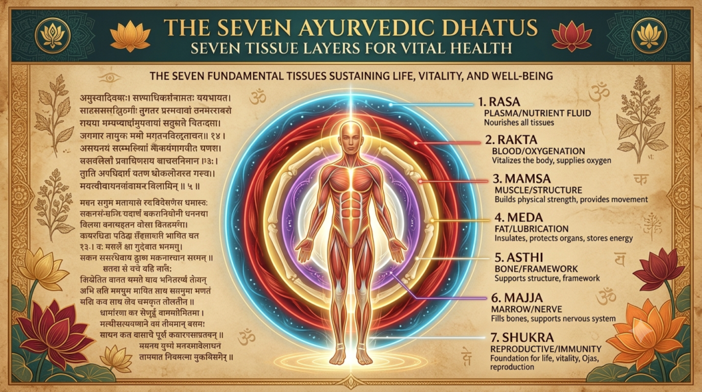 Illustration showing the seven dhatus (Sapta Dhatus) in Ayurveda and their role in building and maintaining the human body.