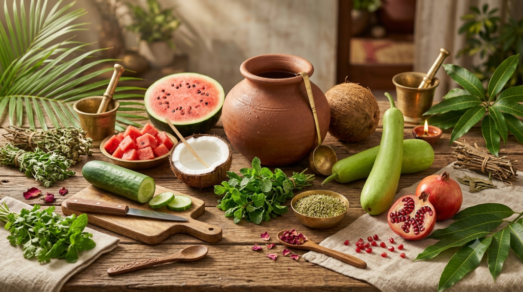 Cooling Ayurvedic foods including fruits, vegetables, herbs, and drinks that help balance Pitta dosha during summer.