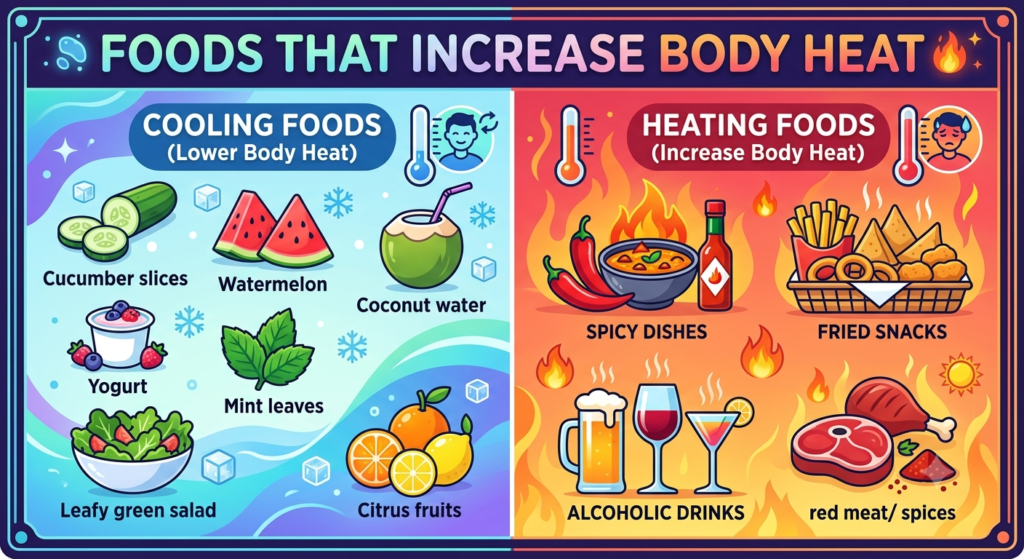 Comparison of cooling and heating foods according to Ayurveda.