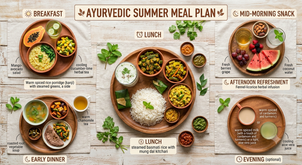 Example of a cooling Ayurvedic meal plan for hot weather.