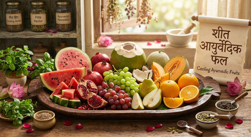 Cooling fruits recommended in Ayurveda for reducing body heat.