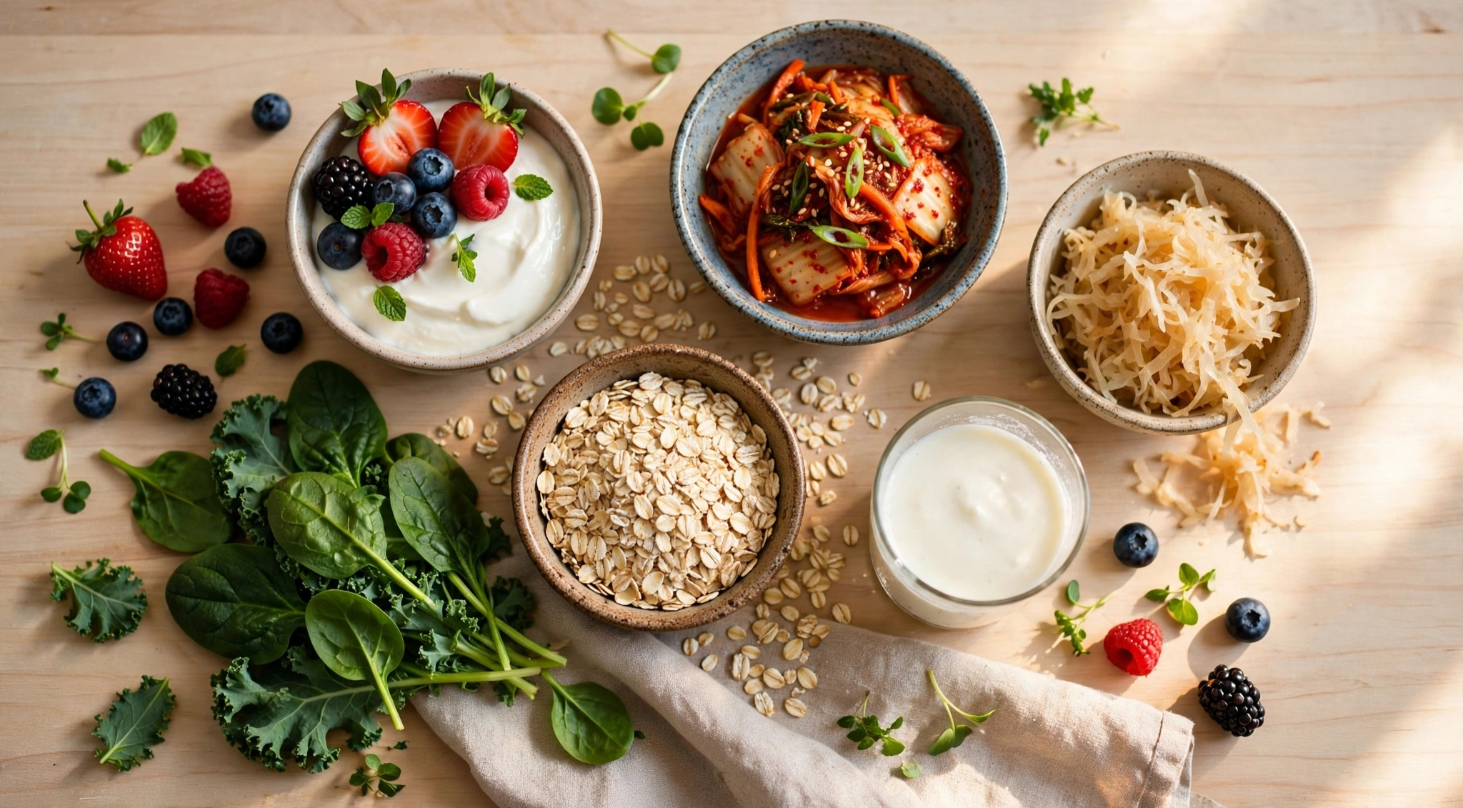 Flat lay of gut-healthy foods including yogurt, kimchi, berries, and leafy greens on a wooden table" improve gut health