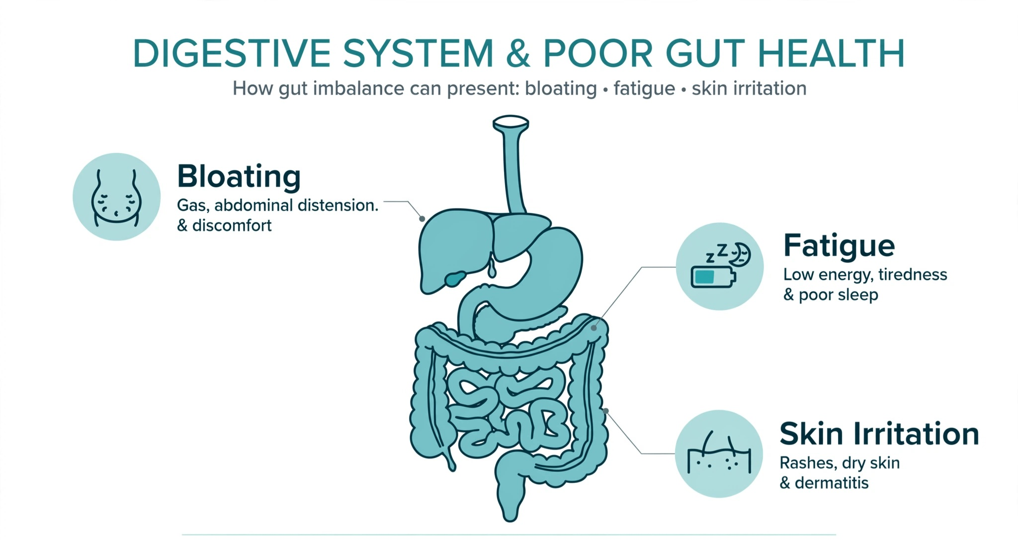 Illustration of the digestive system with icons showing common signs of poor gut health