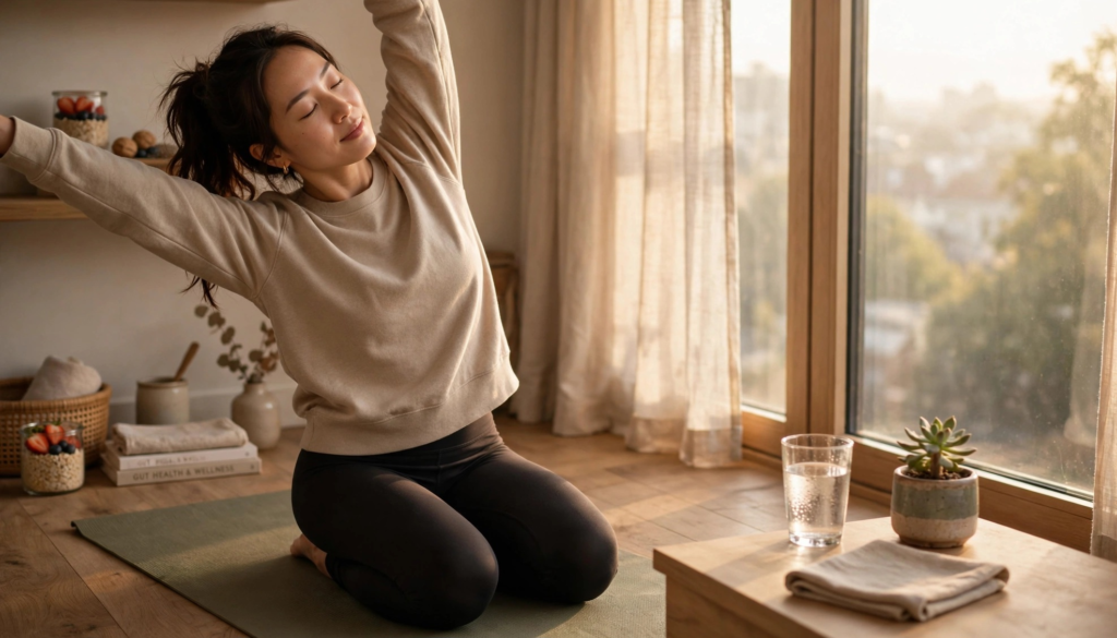 Person stretching in the morning as part of a gut-healthy lifestyle routine