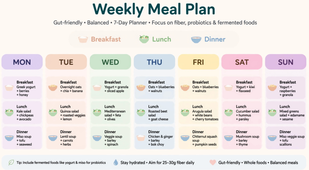 Weekly meal plan infographic with gut-friendly breakfast, lunch, and dinner icons