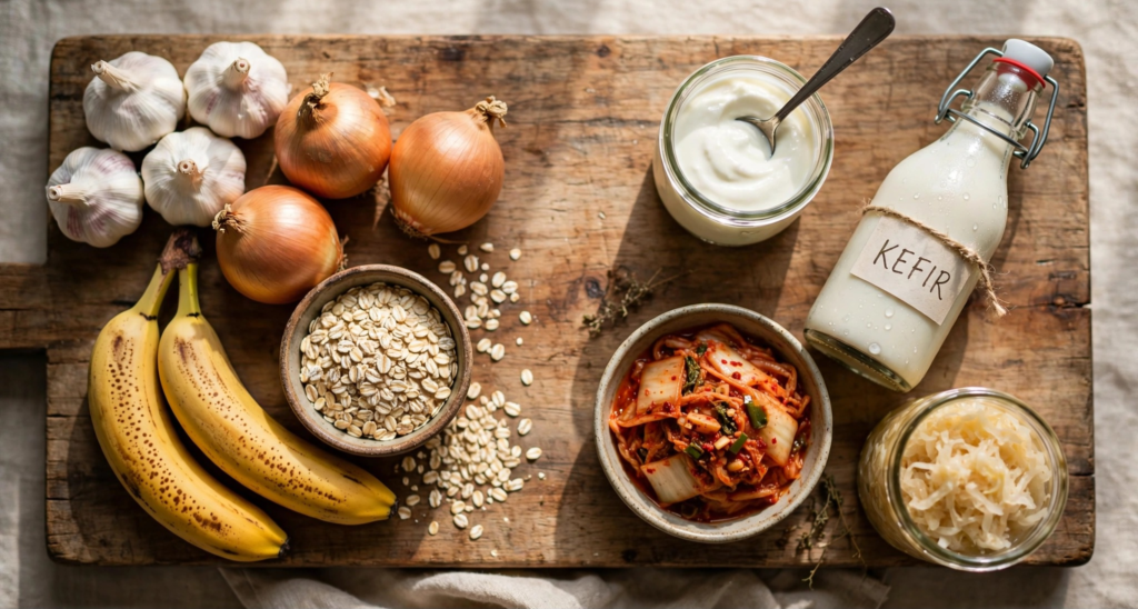 Prebiotic foods like garlic and oats next to probiotic foods like yogurt and kimchi